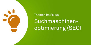 Themen im Fokus - Suchmaschinenoptimierung (SEO) Orangenes Icon einer Glühbirne neben einer grünen Fläche mit weißem Text "Themen im Fokus - Suchmaschinenoptimierung (SEO)".
