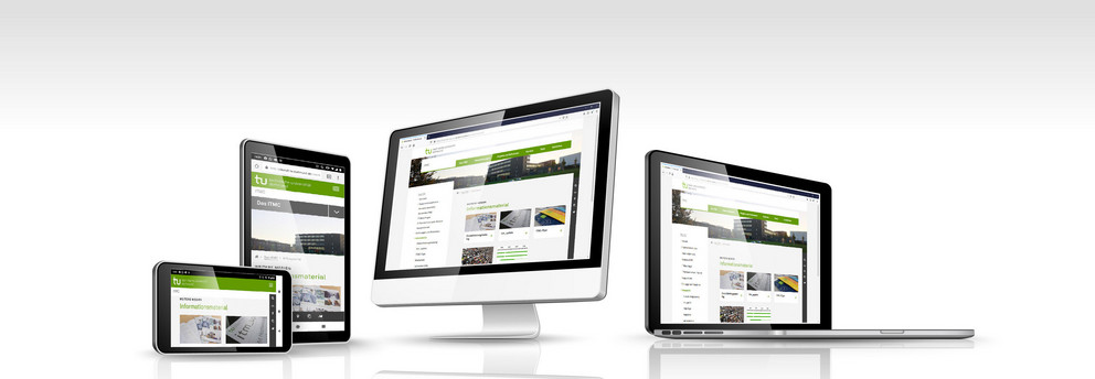 Bildmontage - verschiedene Geräte stehen auf einer spiegelnden Oberfläche, in den Bildschirmen ist die TU-Webseite sichtbar.