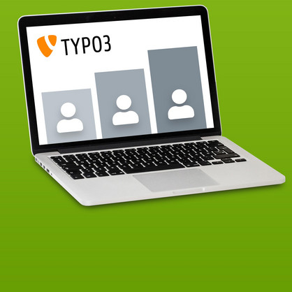 Rechte und Rollen in TYPO3 Bildretusche: Aufgeklappter Laptop zeigt stilisierte Benutzerrollen.