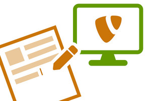Arbeiten mit TYPO3 Icon eines Desktop-Computers mit TYPO3 Logo und Icon einer Dokument-Seite