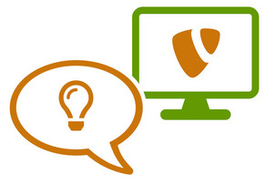 Beratung & Support Icon eines Desktop-Computers mit TYPO3 Logo und Icon einer Sprechblase mit Glühbirne
